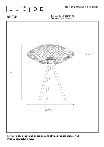 Lucide MESH - Table lamp - Ø 30 cm - 1xE27 - Matt Gold / Brass - technical